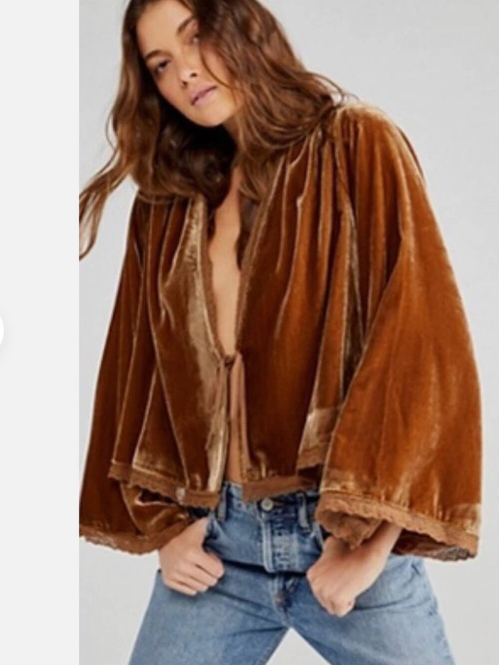 Free People Velvet Bed Tie Front Lace Trim Jacket – Joshua Tree – Small – NWOT